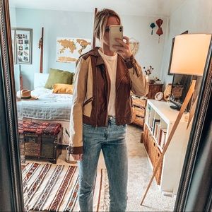 SOLD: Tan canvas & faux leather jacket